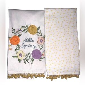 2 Embroidered Kitchen Towels Artistic Accents Flowers Yellow Polka Dot Pom Pom